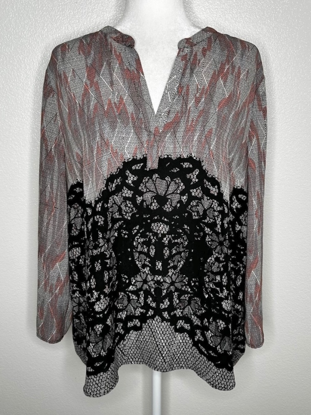 DR2 Womens Split Neck Patterned Long Sleeve Hi-Low Top Blouse Size XL
